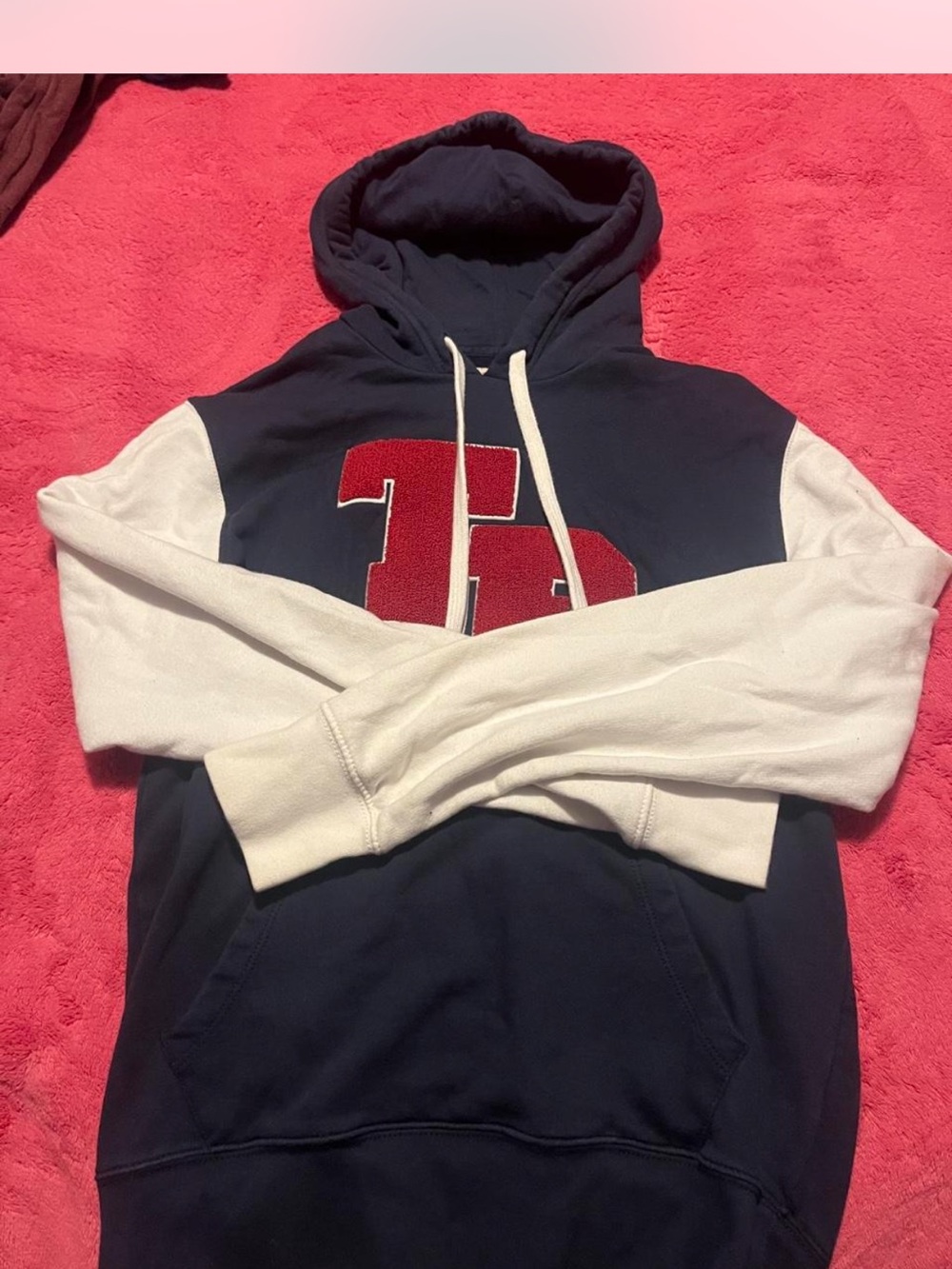 True Religion Navy Hooded Pullover with White Sleeves and Red Appliqué